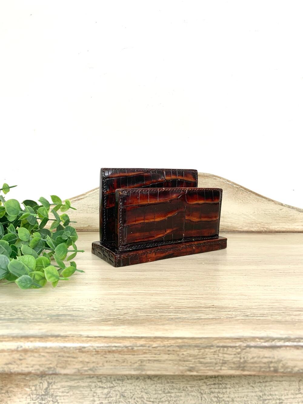 Vintage Crocodile Leather Letter Holder Desk Organizer Mail Office Old World